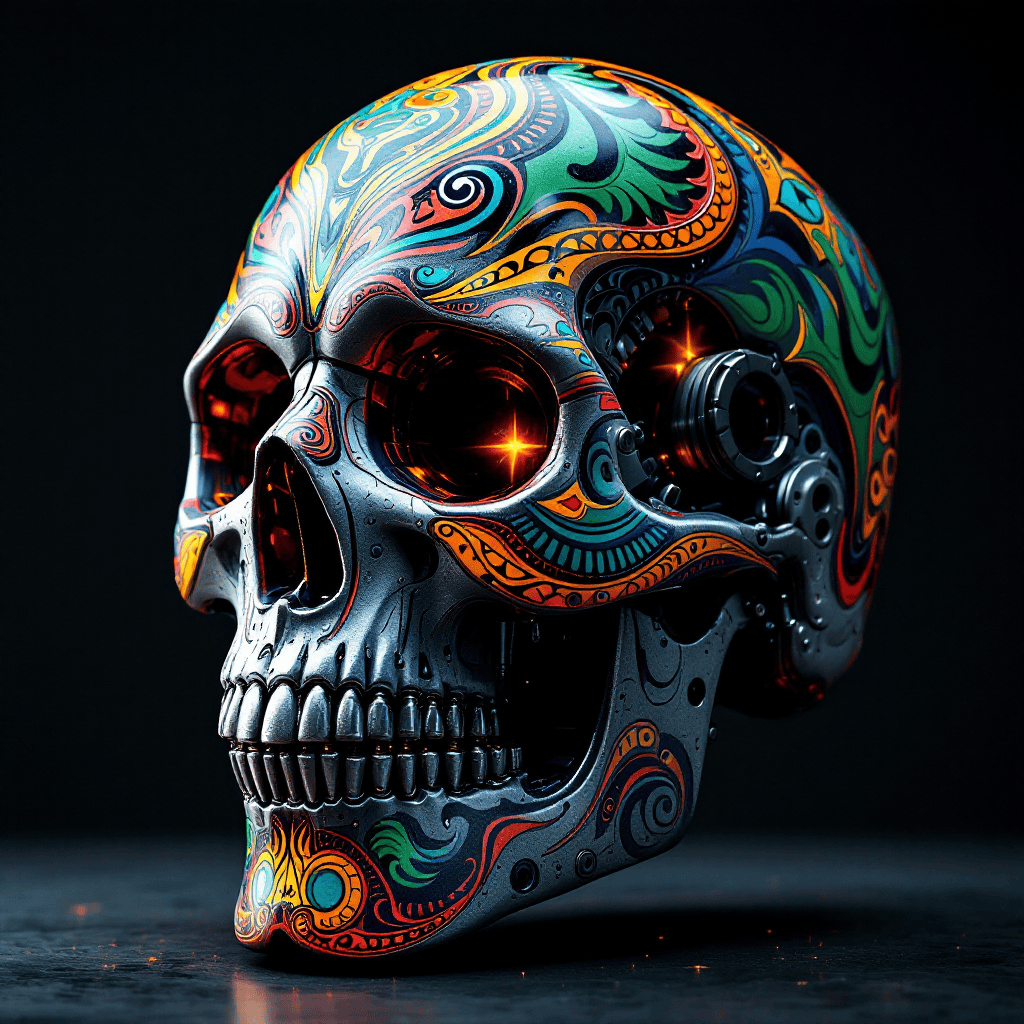 Skull-shaped industrial piston with tribal patterns against a dark background.