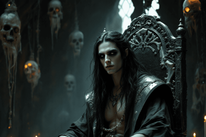 Koschei the Immortal seated on a bone throne in a dark faerie realm.