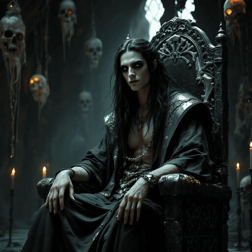 Koschei the Immortal seated on a bone throne in a dark faerie realm.