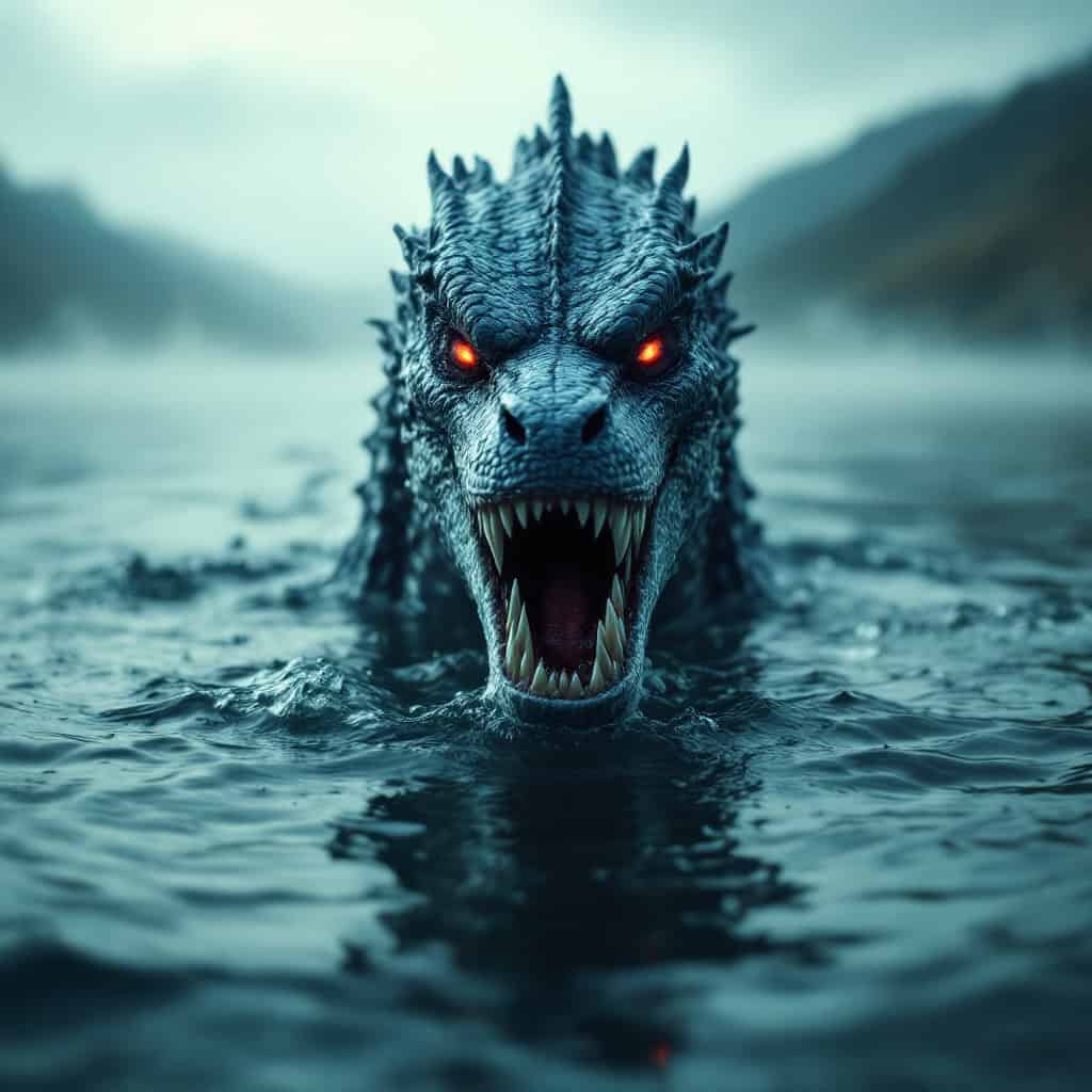 A cinematic depiction of the Loch Ness Monster transforming into a dragon-like creature with glowing red eyes, emerging from a misty lake.