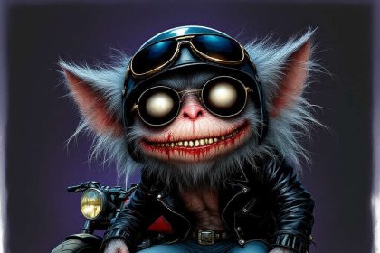 A surreal horror depiction of a macabre gremlin in a biker outfit with a ninja motorcycle in the background.