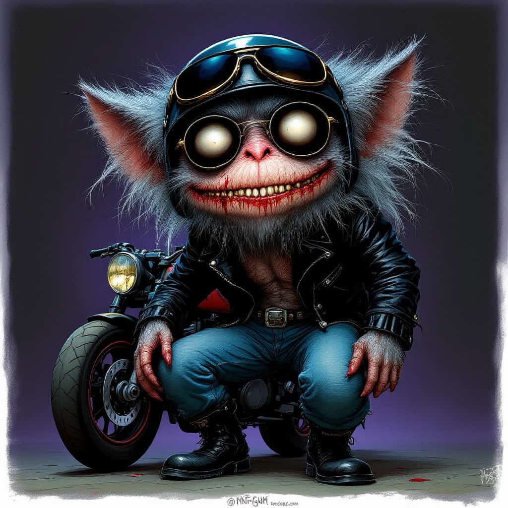 A surreal horror depiction of a macabre gremlin in a biker outfit with a ninja motorcycle in the background.