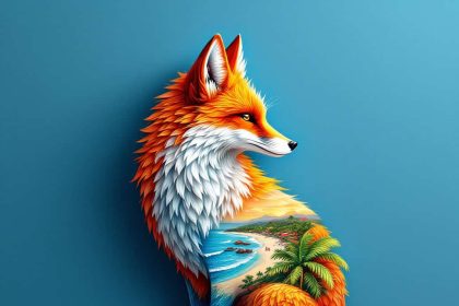 A majestic fox silhouette filled with a Cancun beach scene, featuring vibrant colors and surreal design.