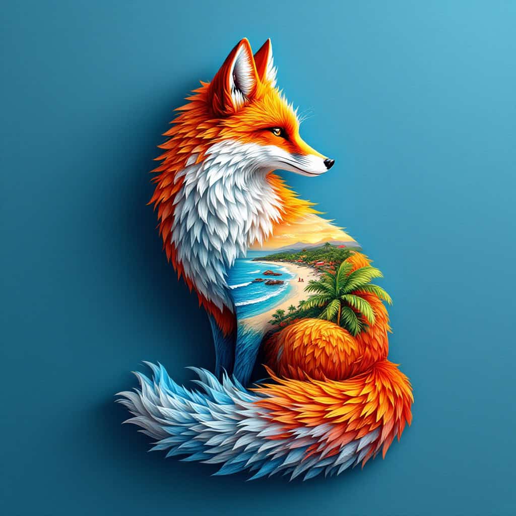 A majestic fox silhouette filled with a Cancun beach scene, featuring vibrant colors and surreal design.