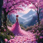 Surreal artwork of Marilyn Monroe in a flower-printed fan dress walking in a vibrant forest.