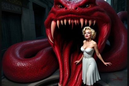 Marilyn Monroe in a white dress stands on a sewer grate as a massive red snake emerges.