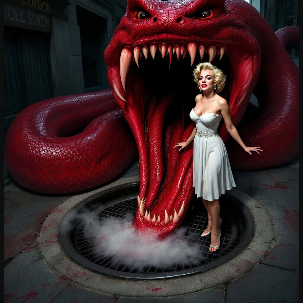 Marilyn Monroe in a white dress stands on a sewer grate as a massive red snake emerges.