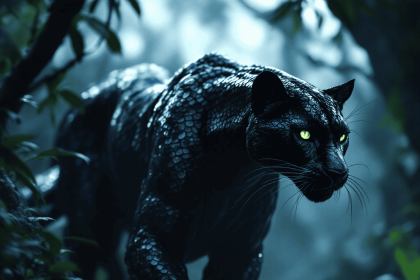 A majestic panther-serpent hybrid with black scales and glowing green eyes prowling through a misty, moonlit jungle.