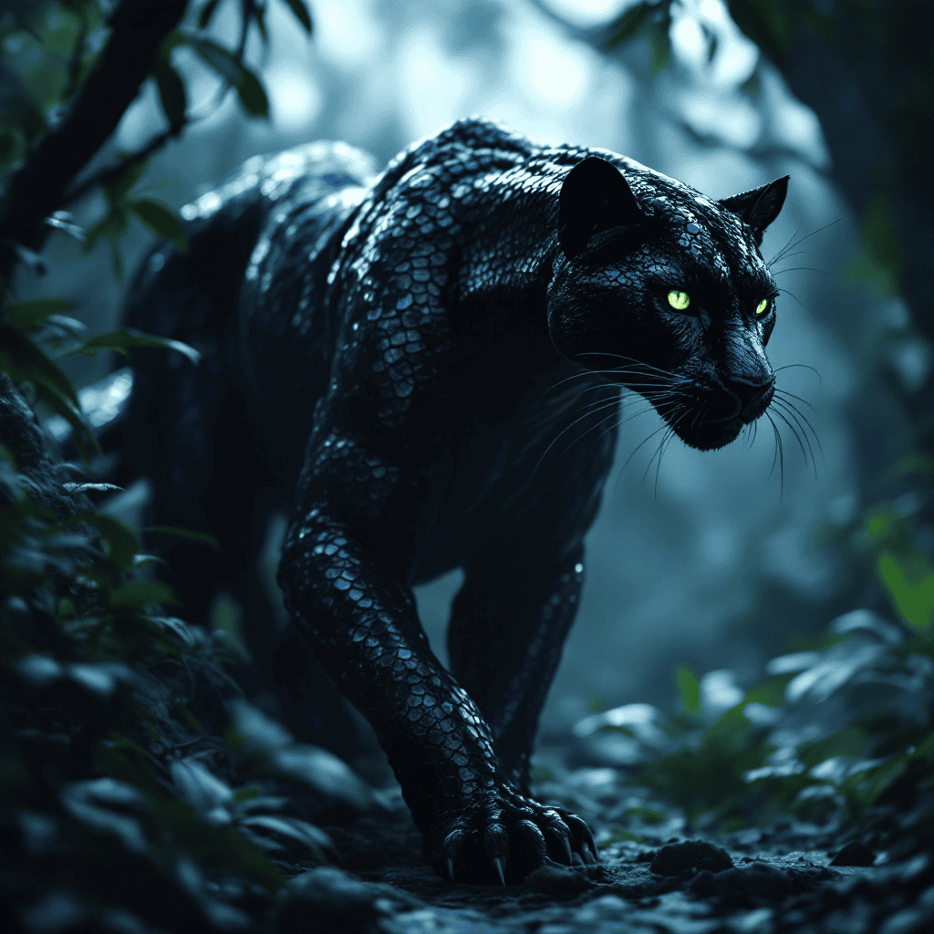 A majestic panther-serpent hybrid with black scales and glowing green eyes prowling through a misty, moonlit jungle.