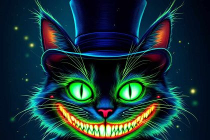 A glowing neon Cheshire Cat with radiant green eyes, wearing a top hat and bowtie, in a surreal dark fantasy setting.