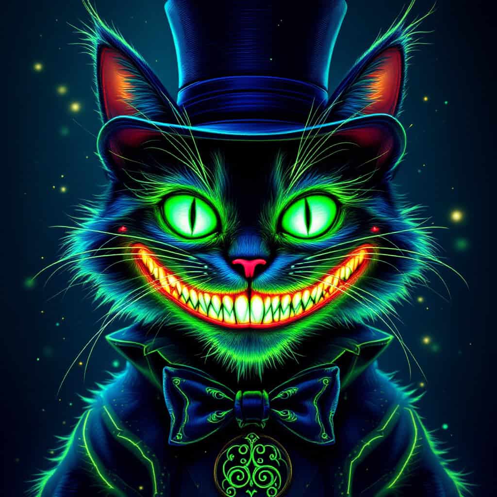 A glowing neon Cheshire Cat with radiant green eyes, wearing a top hat and bowtie, in a surreal dark fantasy setting.