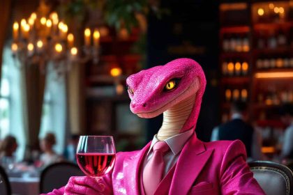 A pink-clad snake creature in a stylish suit enjoying wine in a luxurious, candlelit restaurant.