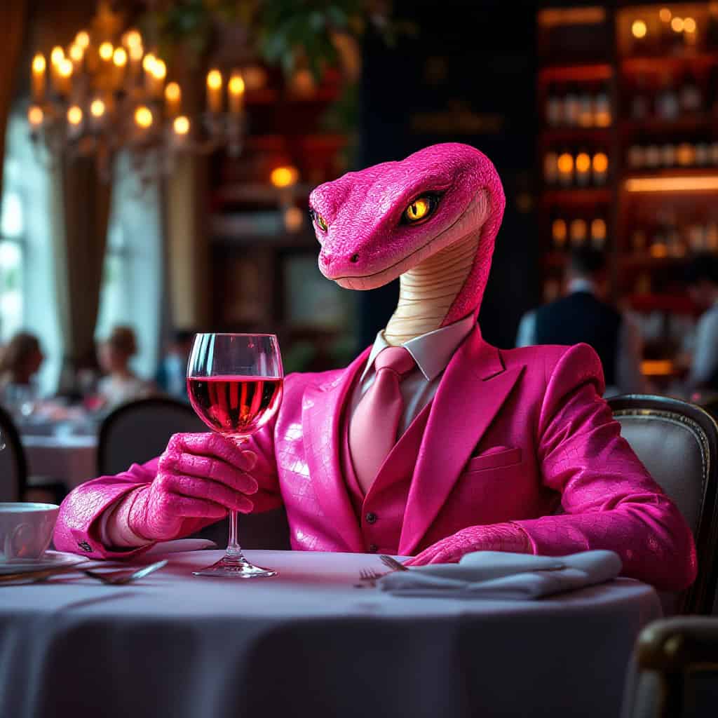 A pink-clad snake creature in a stylish suit enjoying wine in a luxurious, candlelit restaurant.