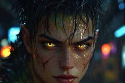 A reptilian hybrid warrior with glowing yellow eyes in a neon-lit urban rainstorm.