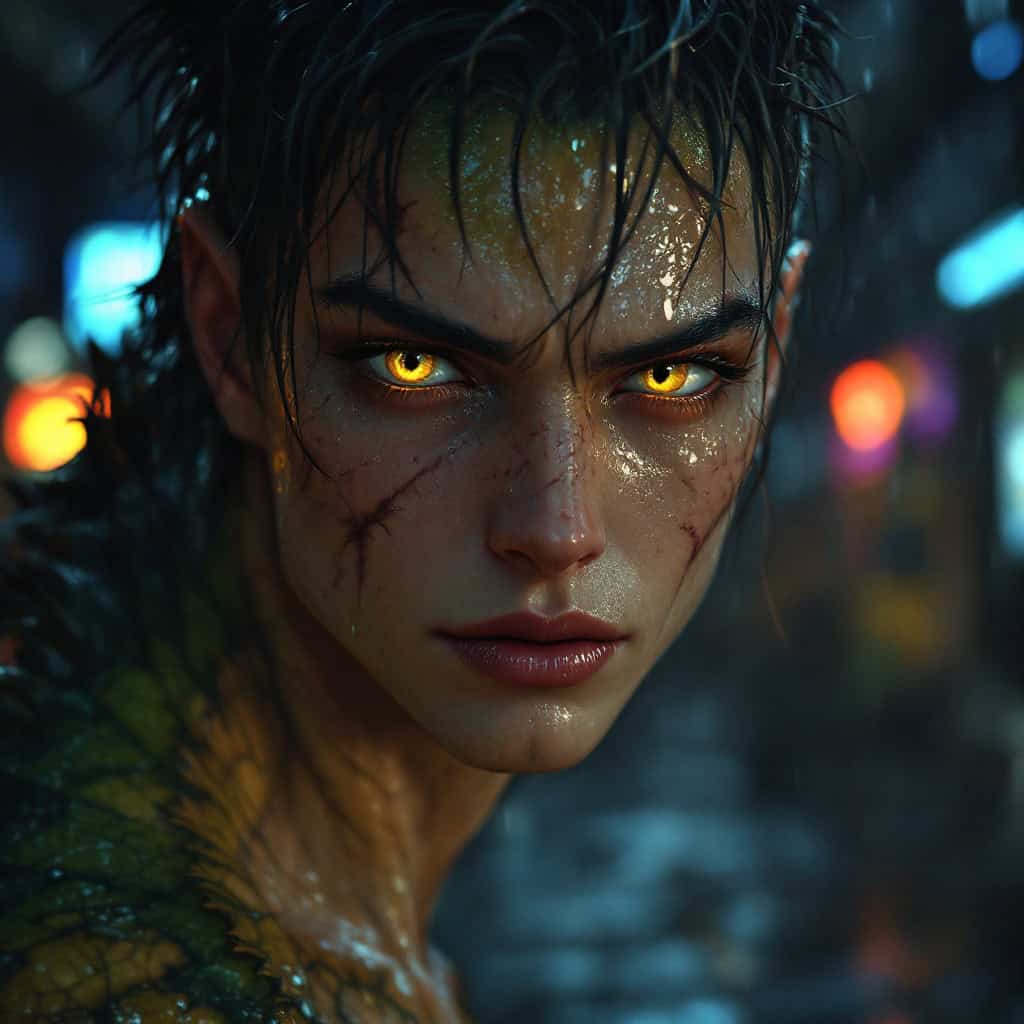 A reptilian hybrid warrior with glowing yellow eyes in a neon-lit urban rainstorm.