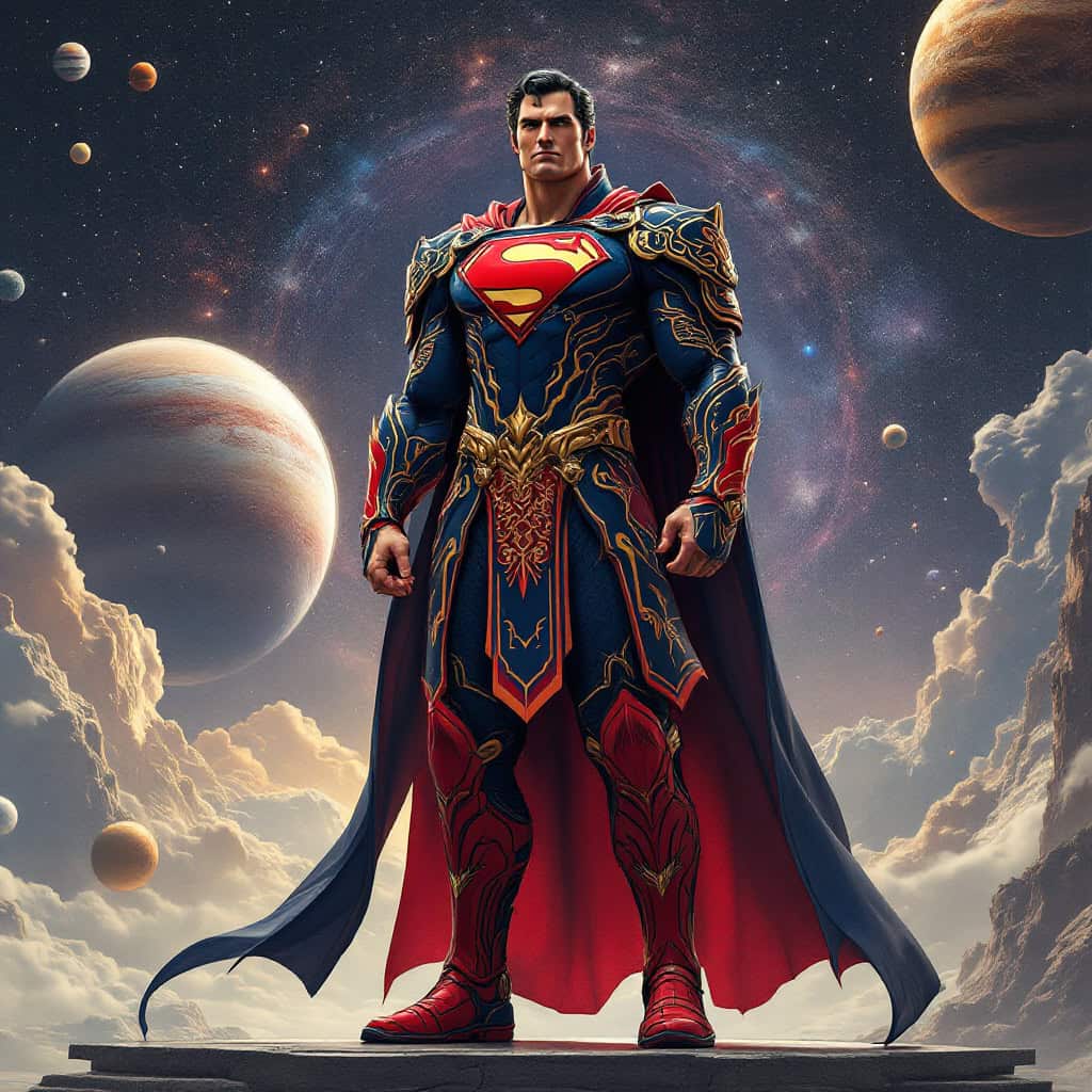 Hyperrealistic illustration of Superman in samurai-inspired futuristic armor.