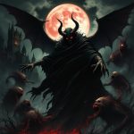 Dark fantasy illustration of Satan with red eyes and a black cape.