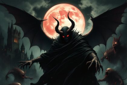 Dark fantasy illustration of Satan with red eyes and a black cape.