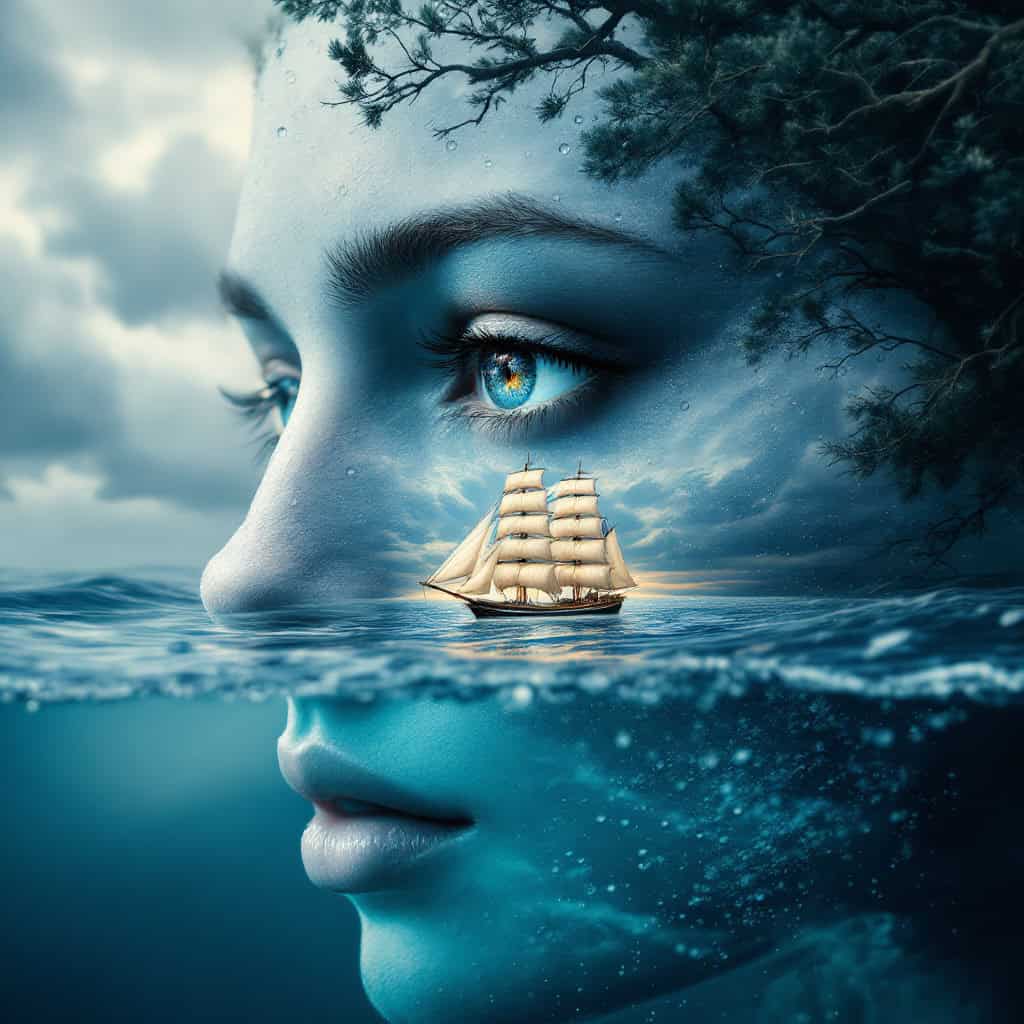 A surreal illustration of a human face fused with the ocean, featuring a stormy sky and water-textured skin.