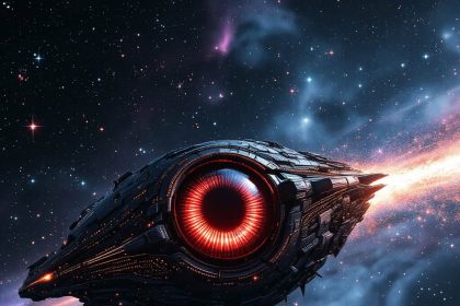 A hyperrealistic alien spaceship with a glowing red pupil, traveling through a deep-space cosmic scene.