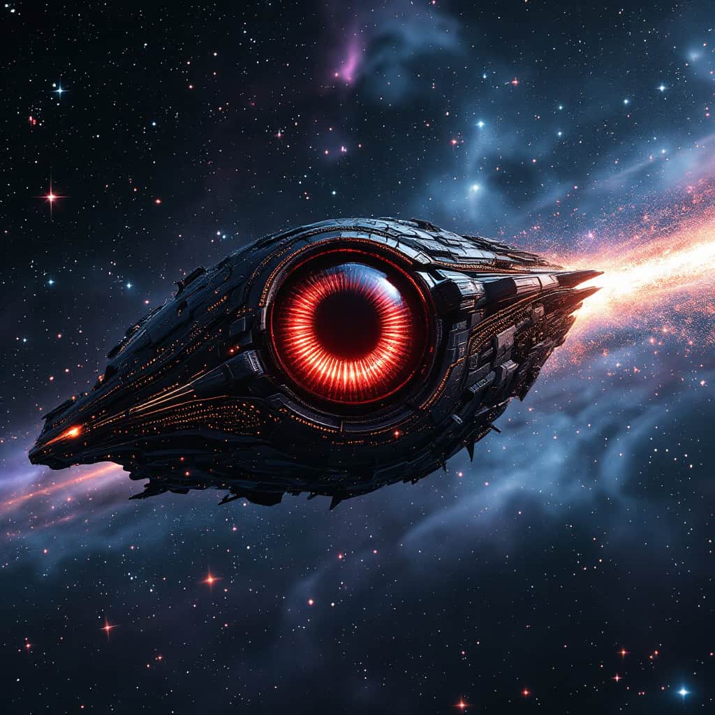 A hyperrealistic alien spaceship with a glowing red pupil, traveling through a deep-space cosmic scene.