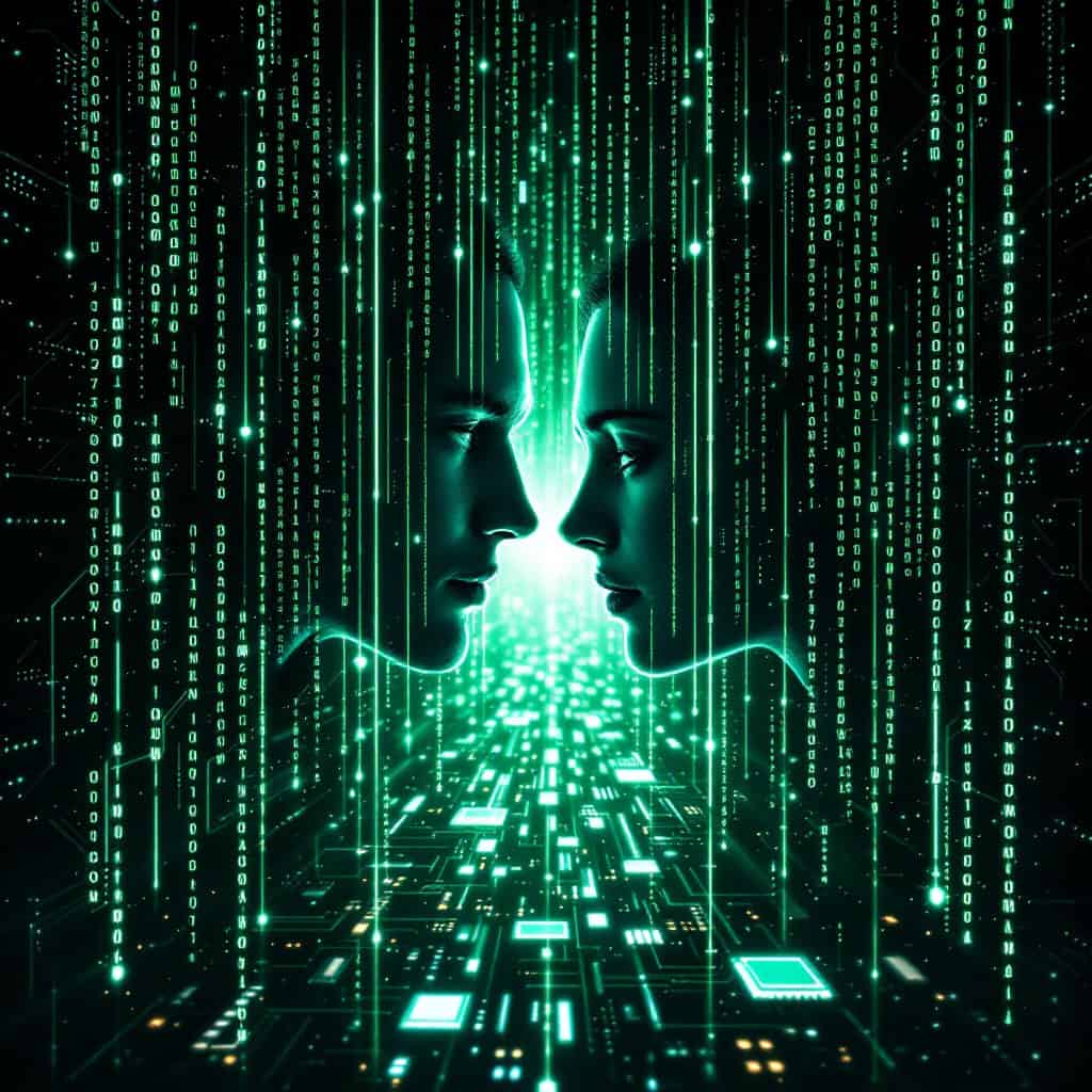 A hyperrealistic image of The Matrix code waterfall with Neo and Trinity's faces forming in vivid detail.