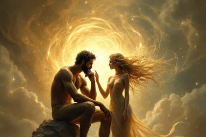 A surreal digital painting of a contemplative Thinker and a radiant woman in a dreamlike setting, glowing with an ethereal golden aura.