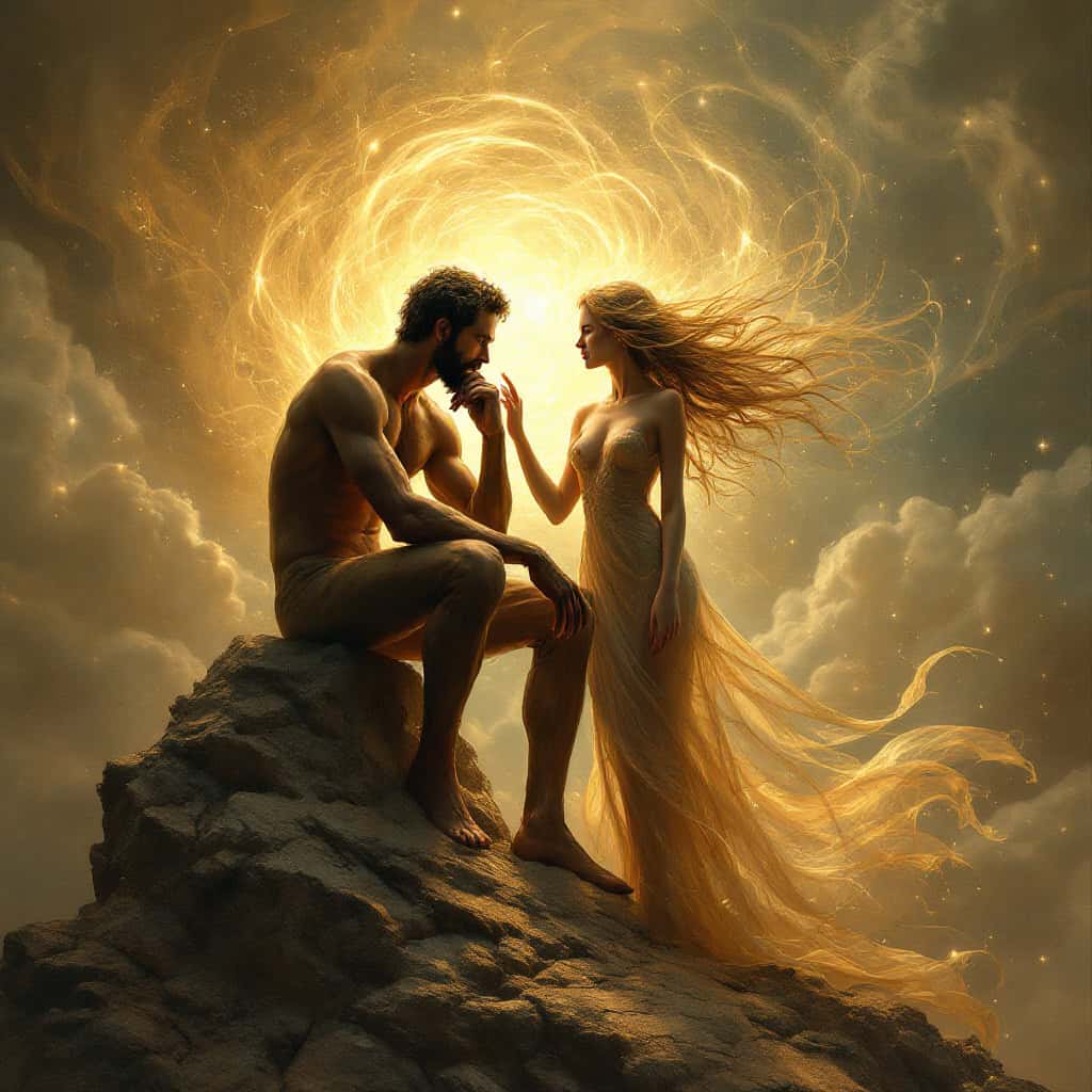 A surreal digital painting of a contemplative Thinker and a radiant woman in a dreamlike setting, glowing with an ethereal golden aura.