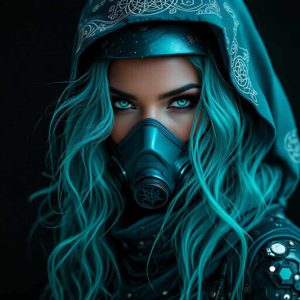 A futuristic cyborg woman with turquoise hair and Celtic design.