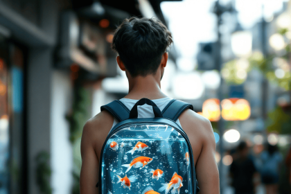 A young man in casual streetwear with a transparent backpack containing fish in a photorealistic urban setting.