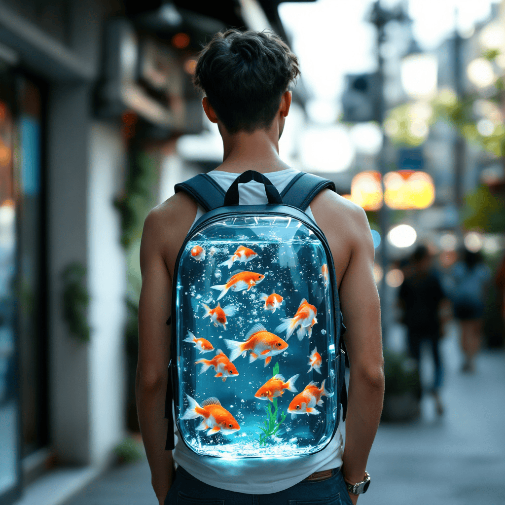 A young man in casual streetwear with a transparent backpack containing fish in a photorealistic urban setting.