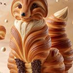 A 3D render of a fox-shaped croissant with golden, flaky layers and chocolate sprinkle eyes.