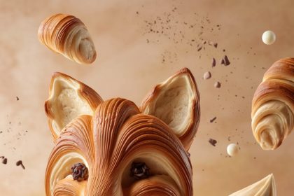 A 3D render of a fox-shaped croissant with golden, flaky layers and chocolate sprinkle eyes.