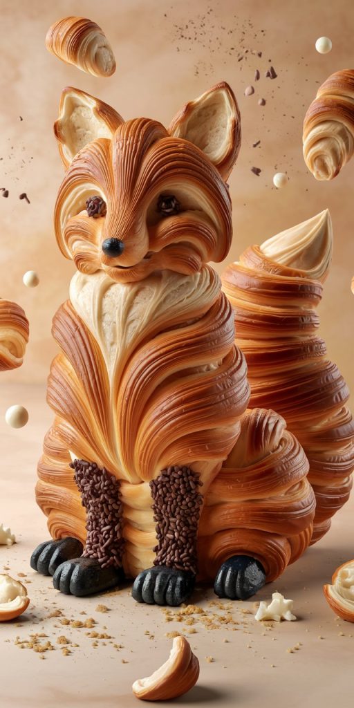 A 3D render of a fox-shaped croissant with golden, flaky layers and chocolate sprinkle eyes.