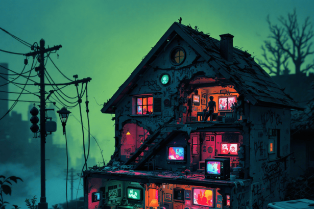 A dark fantasy dollhouse with cyberpunk elements and neon lights.