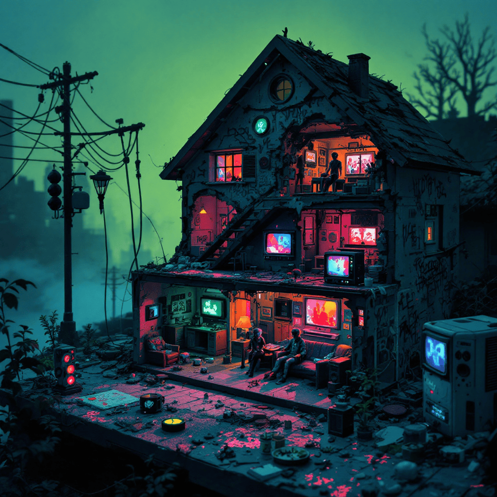 A dark fantasy dollhouse with cyberpunk elements and neon lights.