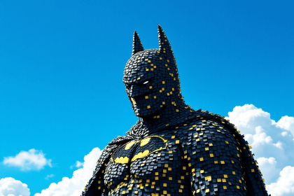 A colossal Batman silhouette constructed from black, gray, and yellow post-it notes with "Ciaffetti" written on each, set against a bright blue sky.