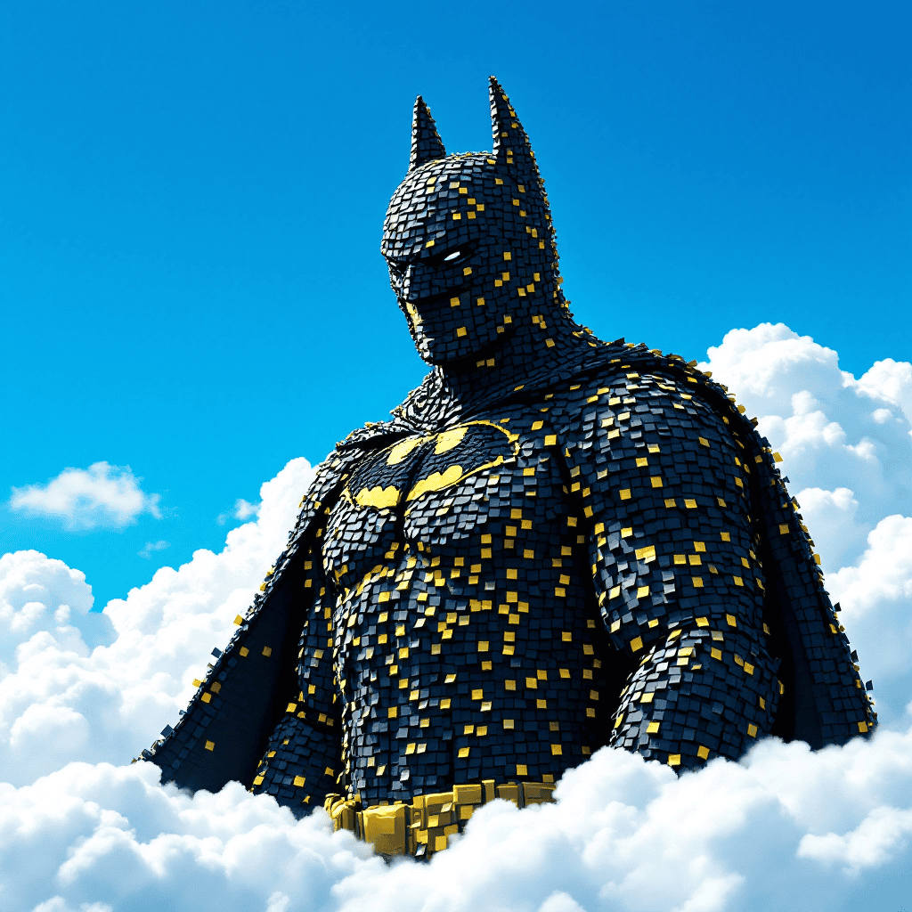 A colossal Batman silhouette constructed from black, gray, and yellow post-it notes with "Ciaffetti" written on each, set against a bright blue sky.