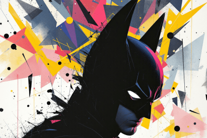 A ukiyo-e-inspired abstract painting of Batman as a striking silhouette with a vibrant geometric background.