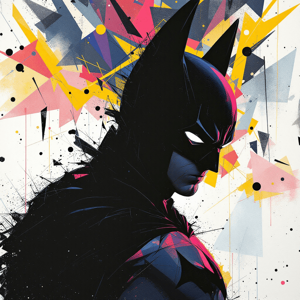 A ukiyo-e-inspired abstract painting of Batman as a striking silhouette with a vibrant geometric background.