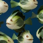 A playful underwater scene featuring fish crafted from bok choy, with carved faces and a deep blue background.