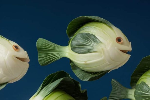 A playful underwater scene featuring fish crafted from bok choy, with carved faces and a deep blue background.