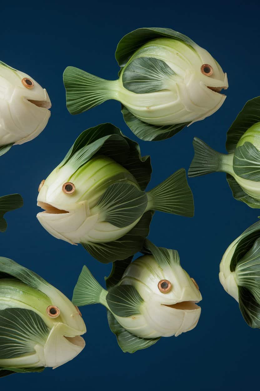 A playful underwater scene featuring fish crafted from bok choy, with carved faces and a deep blue background.