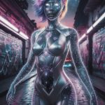 A cosmic female figure with glowing fractal skin and holographic hair, standing in a futuristic graffiti-covered city.