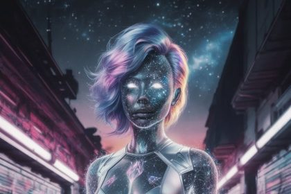 A cosmic female figure with glowing fractal skin and holographic hair, standing in a futuristic graffiti-covered city.