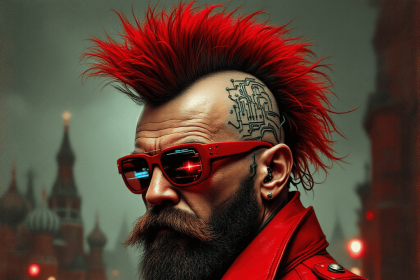 Cyberpunk-inspired illustration of Vladimir Lenin with a mohawk, circuit tattoos, and holographic glasses in Red Square.