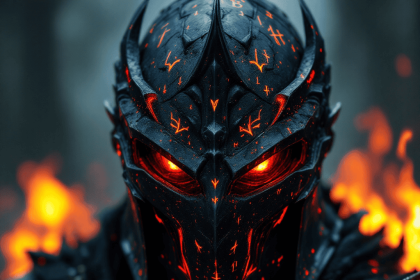 A close-up of a dark knight’s helmet with glowing arcane runes and a crimson-eyed visor.