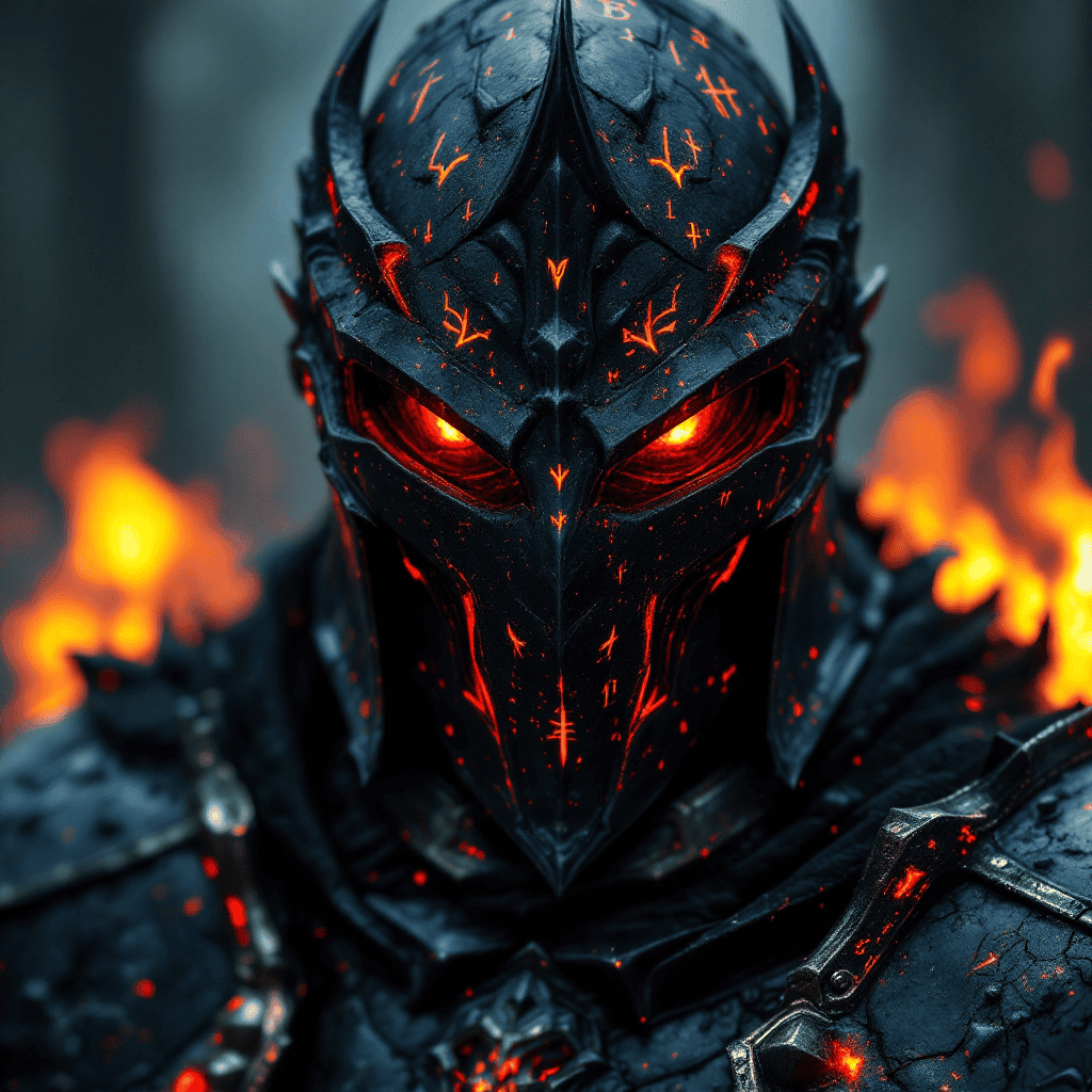 A close-up of a dark knight’s helmet with glowing arcane runes and a crimson-eyed visor.