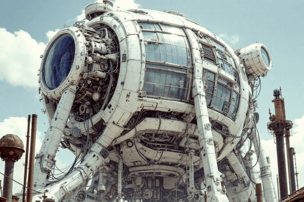 A massive white metallic steampunk structure in a desert city with rusted buildings and intricate mechanical details.