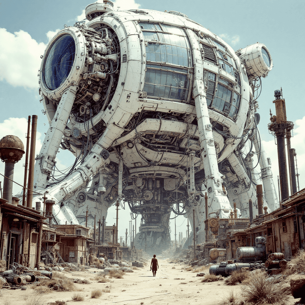 A massive white metallic steampunk structure in a desert city with rusted buildings and intricate mechanical details.